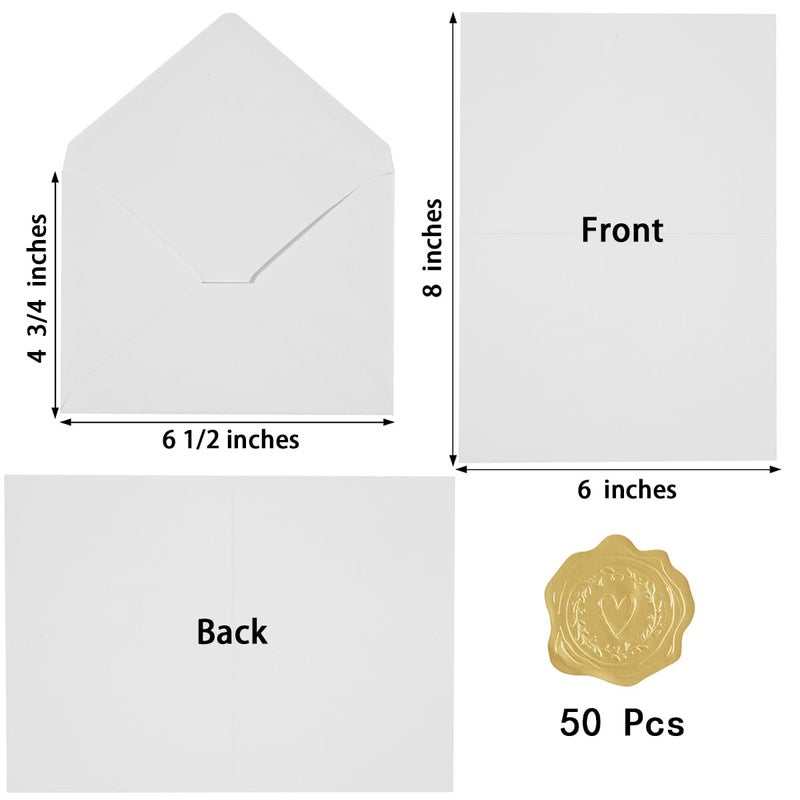 Toperd 50 Pack White A6 Envelopes with Cards 4x6 Thick Folded Cardstock and Gold Stickers for Greeting Cards, Wedding, Birthday, Invitations, Baby Showers (White, 4x6) - Image 2